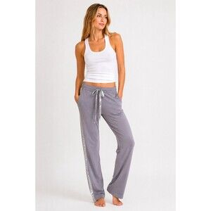 PJ Harlow Tatum Lounge Pants Gray Purple Satin Trim Drawstring Straight Leg S